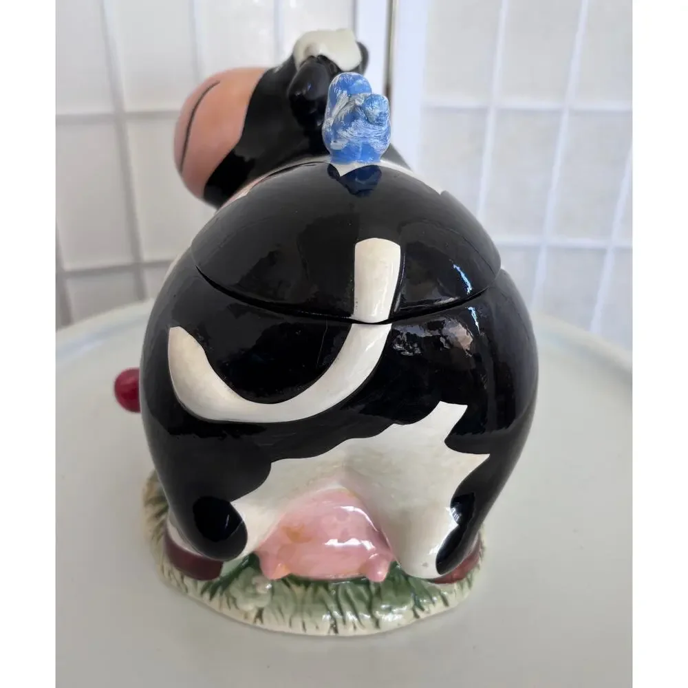 Cow Cookie Jar Farmhouse Country Kitchen Decor Ceramic Black White Apples - Picture 5 of 11